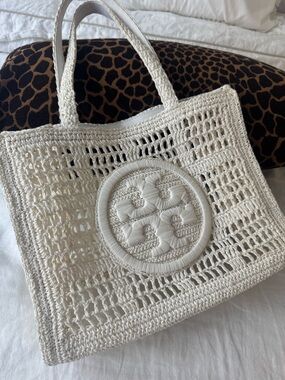 Tory Burch Small Ella White Crochet Tote Bag